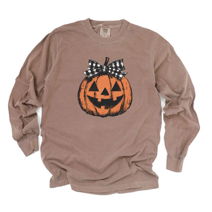 Cute Wood Painted Boutique Style Jack-o-Lantern Pumpkin - Soft wash Cotton Long Sleeve (Heavyweight) (Unisex) Comfort Colors