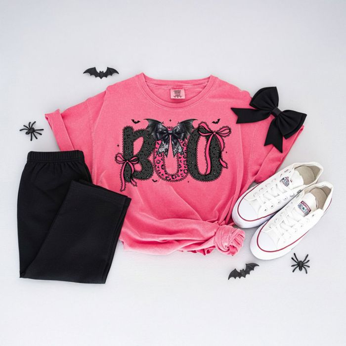Coquette Boo Halloween Lacey Ghost Coquette Fall  - T-Shirt (Crewneck)  100 Percent Soft Washed Cotton Heavyweight Tee (Unisex)  Comfort Colors