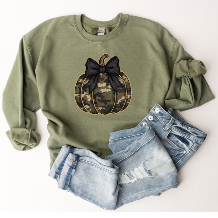 Faux (Printed, not real glitter or fabric)    Glitter Camo Pumpkin Hallowen Vibes - Comfy Drop Shoulder Sweatshirt