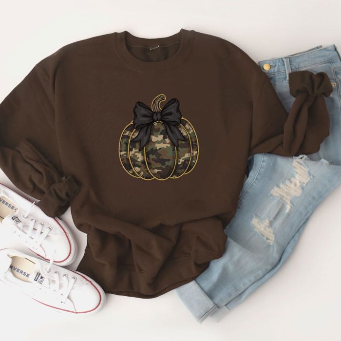 Faux (Printed, not real glitter or fabric)    Glitter Camo Pumpkin Hallowen Vibes - Comfy Drop Shoulder Sweatshirt