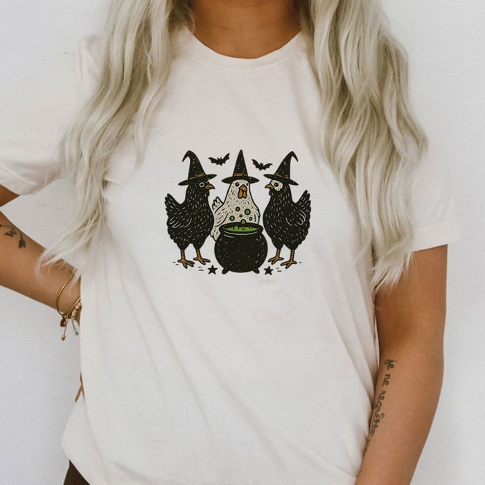 Three Chickens Around A Cauldron Cute Halloween Hens - Super Soft and Cozy Longer Length Bella Canvas T-Shirt