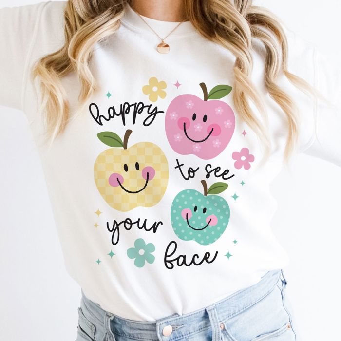 Happy To See Your Face Cutesy Fall Apples For The Teacher Kawaii Style - Super Comfy Drop Shoulder Style Sweatshirt