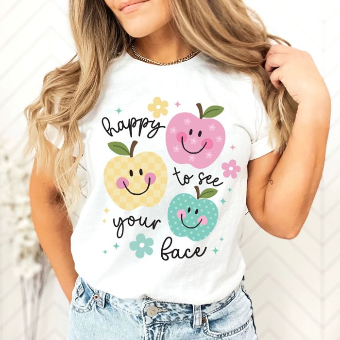 Happy To See Your Face Cutesy Fall Apples For The Teacher Kawaii Style - Heathered or 100 Percent Cotton Soft Bella Canvas T-Shirt