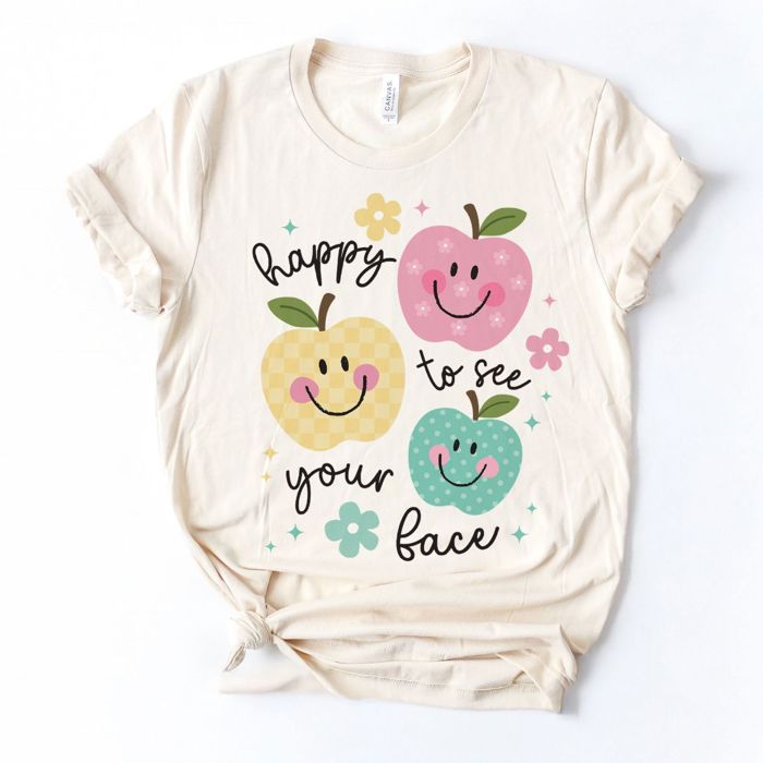 Happy To See Your Face Cutesy Fall Apples For The Teacher Kawaii Style - Heathered or 100 Percent Cotton Soft Bella Canvas T-Shirt