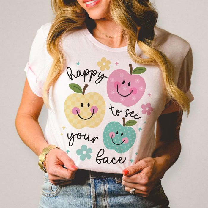 Happy To See Your Face Cutesy Fall Apples For The Teacher Kawaii Style - Heathered or 100 Percent Cotton Soft Bella Canvas T-Shirt