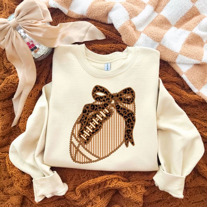 Striped Faux Seersucker Coquette Football Fall With Cheetah Bow - Unisex Softstyle Midweight Crewneck Sweatshirt