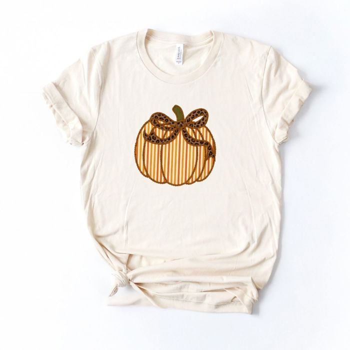 Seersucker Cheetah Print Striped Faux Fabric Pumpkin with Rick Rack Detailing Perfect For Fall - T-Shirt (Crewneck)  100 Cotton Solid Colors Jersey Tee (Uni