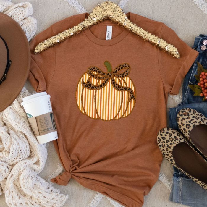 Seersucker Cheetah Print Striped Faux Fabric Pumpkin with Rick Rack Detailing Perfect For Fall - T-Shirt (Crewneck)  100 Cotton Solid Colors Jersey Tee (Uni