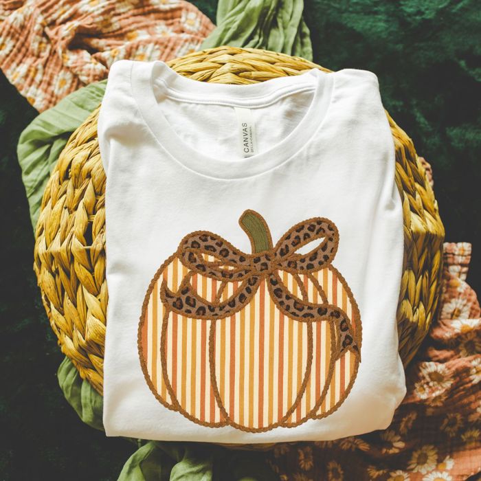 Seersucker Cheetah Print Striped Faux Fabric Pumpkin with Rick Rack Detailing Perfect For Fall - T-Shirt (Crewneck)  100 Cotton Solid Colors Jersey Tee (Uni