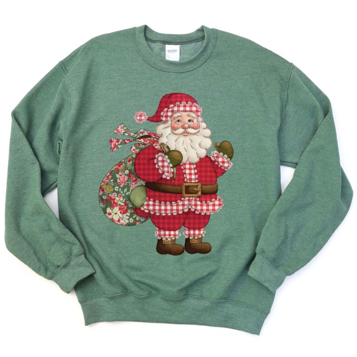 Classic Christmas Santa Claus With Plaid Accents And Floral Bag - Comfy Drop Shoulder Sweatshirt