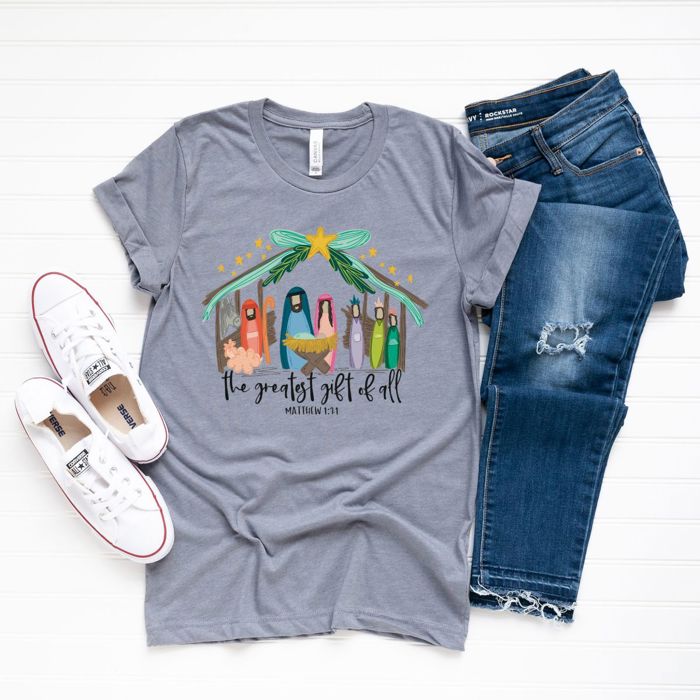 The Greatest Gift of All Christian Christmas Nativity Jesus is The Reason - T-Shirt (Crewneck)  100 Cotton Solid Colors Jersey Tee (Unisex)  Bella Canvas, T