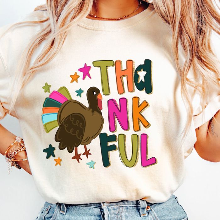 Thankful Faux (Printed, not real fabric or sparkles)  Sparkle Thanksgiving Turkey - T-Shirt (Crewneck)  100 Cotton Heavyweight Tee (Unisex)  Comfort Colors