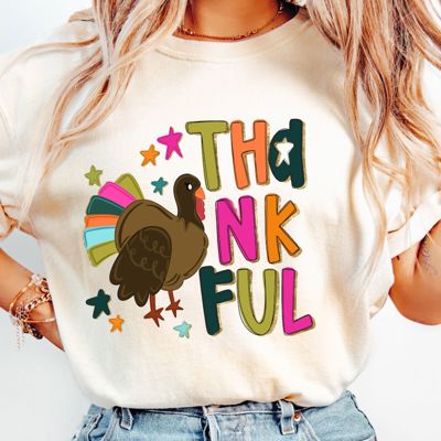 Thankful Faux (Printed, not real fabric or sparkles)  Sparkle Thanksgiving Turkey - T-Shirt (Crewneck)  100 Cotton Heavyweight Tee (Unisex)  Comfort Colors