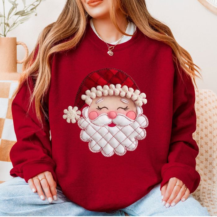Felted Faux (Printed, not real quilted fabric or embroidery)  Printed  Quilted 1980s Style Santa Claus Christmas Plaid - Sweatshirt (Crewneck)  Poly-Cotton Colors (Unisex)  Gildan