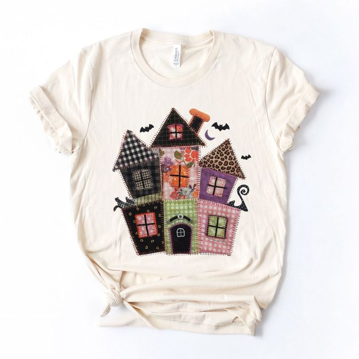 Faux (Printed, not real quilted fabric) Quilted Spooky Haunted House For Halloween - Soft Longer Length Bella Canvas T-Shirt