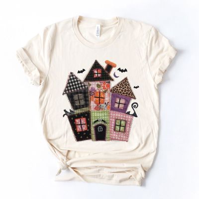 Faux (Printed, not real quilted fabric) Quilted Spooky Haunted House For Halloween - Soft Longer Length Bella Canvas T-Shirt