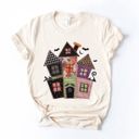  Faux (Printed, not real quilted fabric) Quilted Spooky Haunted House For Halloween - Soft Longer Length Bella Canvas T-Shirt