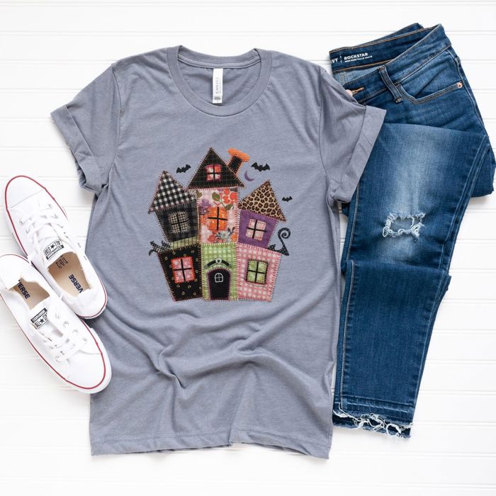 Faux (Printed, not real quilted fabric) Quilted Spooky Haunted House For Halloween - Soft Longer Length Bella Canvas T-Shirt
