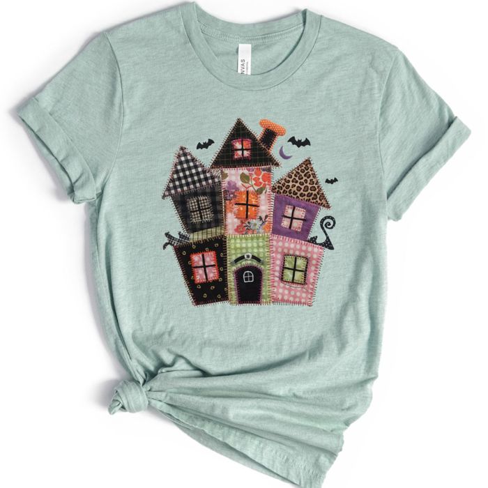 Faux (Printed, not real quilted fabric) Quilted Spooky Haunted House For Halloween - Soft Longer Length Bella Canvas T-Shirt