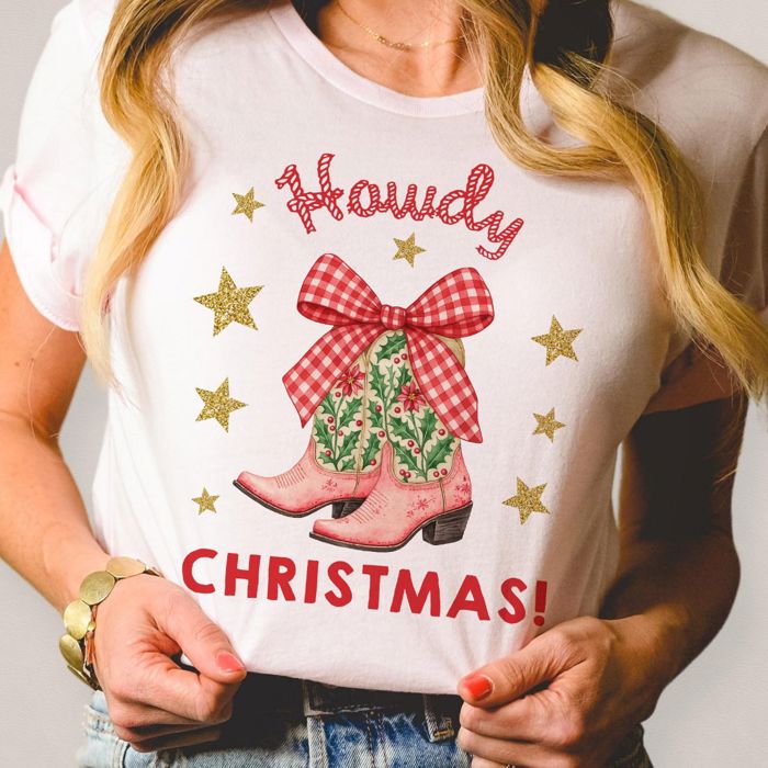 Howdy Christmas Pink Cowboy Cowgirl Boots For The Holidays - T-Shirt (Crewneck)  100 Cotton Solid Colors Jersey Tee (Unisex)  Bella Canvas, T-Shirt (Crewnec
