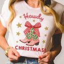  Howdy Christmas Pink Cowboy Cowgirl Boots For The Holidays - T-Shirt (Crewneck)  100 Cotton Solid Colors Jersey Tee (Unisex)  Bella Canvas, T-Shirt (Crewnec