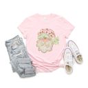  Preppy Bow Santa Claus With Faux (Printed, not real fabric or glitter)  Glitter Accents - T-Shirt (Crewneck)  100 Cotton Solid Colors Jersey Tee (Unisex)  Bella Canvas, T-Shirt (Crewneck)  Poly-C