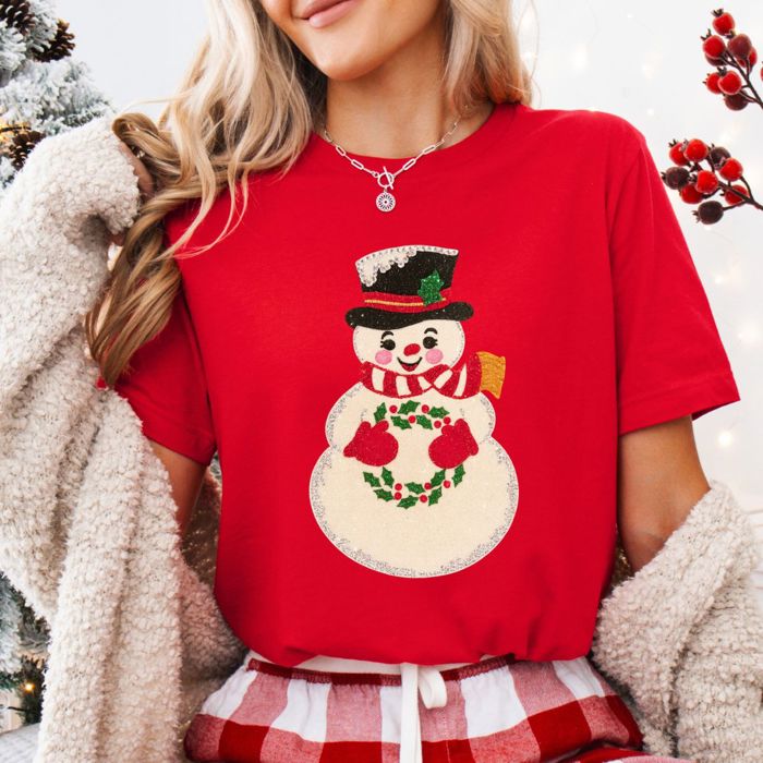 Faux (Printed, not real sparkles or fabric) Sparkle Snowman Vintage Christmas Card Style - Soft and Comfy Bella Canvas Tee