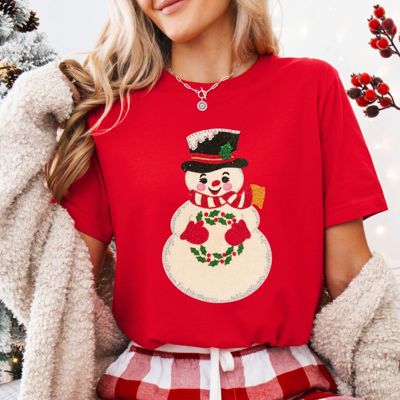 Faux (Printed, not real sparkles or fabric) Sparkle Snowman Vintage Christmas Card Style - Soft and Comfy Bella Canvas Tee