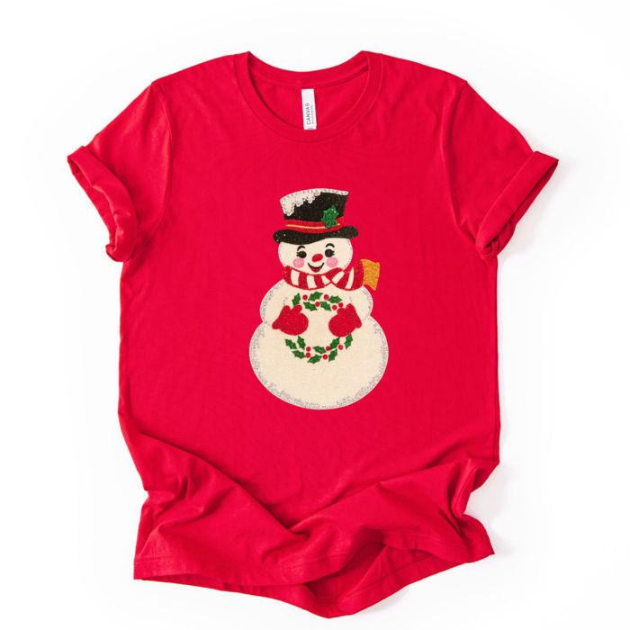 Faux (Printed, not real sparkles or fabric) Sparkle Snowman Vintage Christmas Card Style - Soft and Comfy Bella Canvas Tee