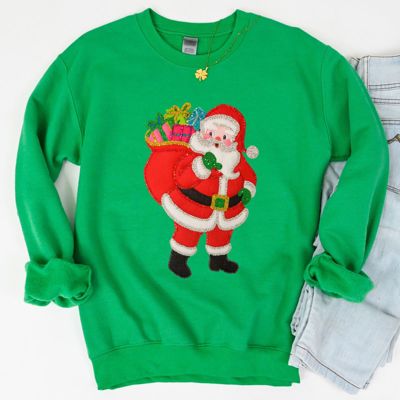 Vintage Style Felt Faux (Printed, not real fabric or embroidery)  Sparkly Christmas Santa - Sweatshirt (Crewneck)  Poly-Cotton Colors (Unisex)  Gildan