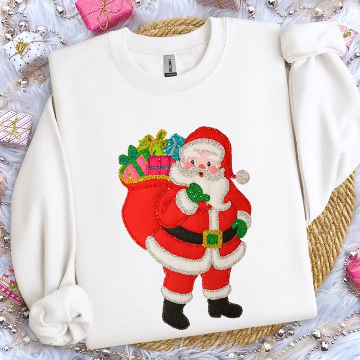 Vintage Style Felt Faux (Printed, not real fabric or embroidery)  Sparkly Christmas Santa - Sweatshirt (Crewneck)  Poly-Cotton Colors (Unisex)  Gildan
