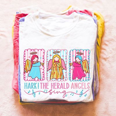 Hark the Herald Angels Sing Faux (Printed, not real fabric or glitter)  Glitter Christmas - Soft and Comfy Bella Canvas T-Shirt