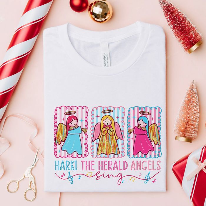 Hark the Herald Angels Sing Faux (Printed, not real fabric or glitter)  Glitter Christmas - Soft and Comfy Bella Canvas T-Shirt