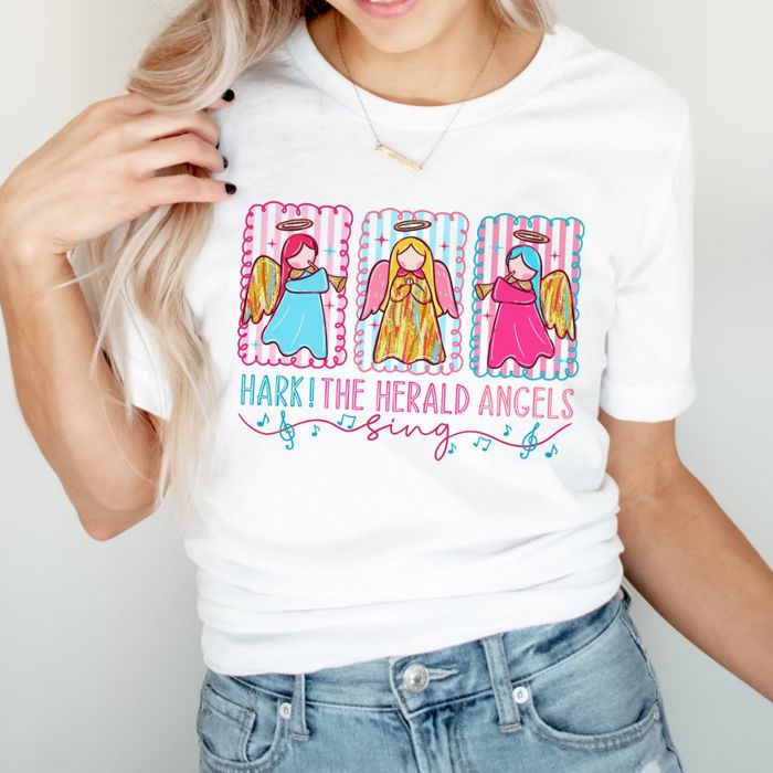 Hark the Herald Angels Sing Faux (Printed, not real fabric or glitter)  Glitter Christmas - Soft and Comfy Bella Canvas T-Shirt