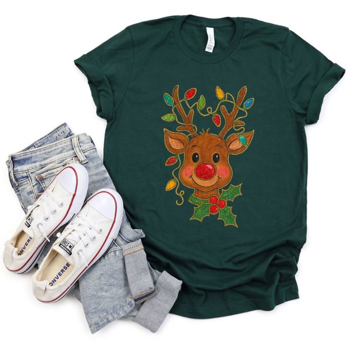 Faux (Printed, not real glitter or fabric)     Glitter Rudolph With Christmas Lights and Holly - Soft and Comfy Bella Canvas T-Shirt