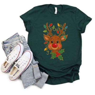 Faux (Printed, not real glitter or fabric)     Glitter Rudolph With Christmas Lights and Holly - Soft and Comfy Bella Canvas T-Shirt