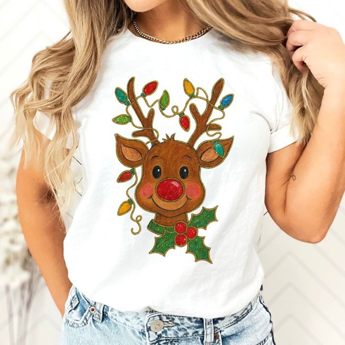 Faux (Printed, not real glitter or fabric)     Glitter Rudolph With Christmas Lights and Holly - Soft and Comfy Bella Canvas T-Shirt