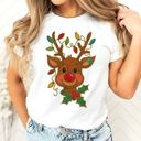  Faux (Printed, not real glitter or fabric)     Glitter Rudolph With Christmas Lights and Holly - Soft and Comfy Bella Canvas T-Shirt