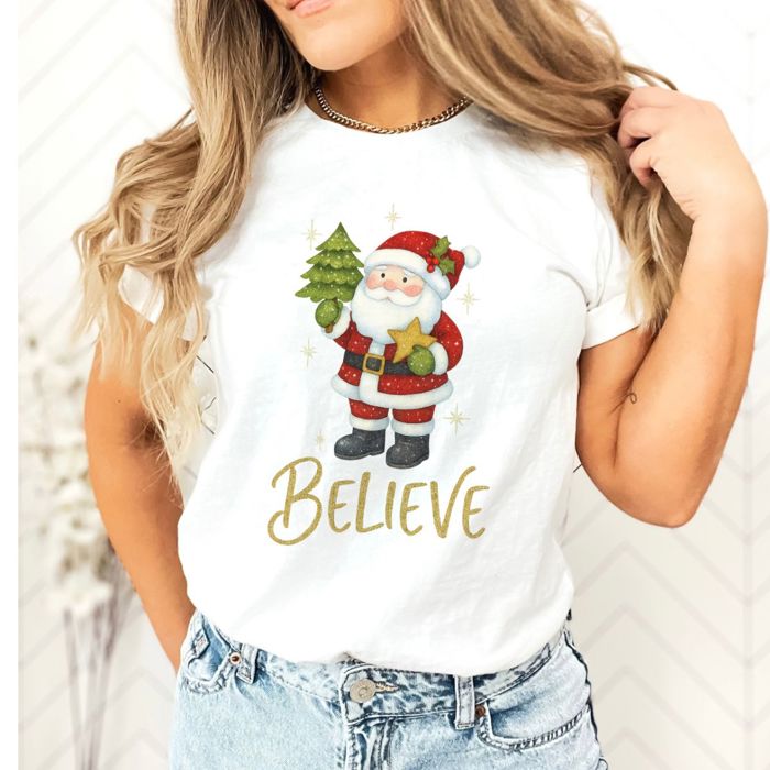 Believe Christmas Santa With Star and Tree - Soft and Comfy Bella Canvas T-Shirt