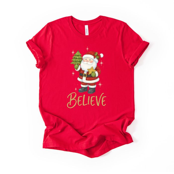 Believe Christmas Santa With Star and Tree - Soft and Comfy Bella Canvas T-Shirt