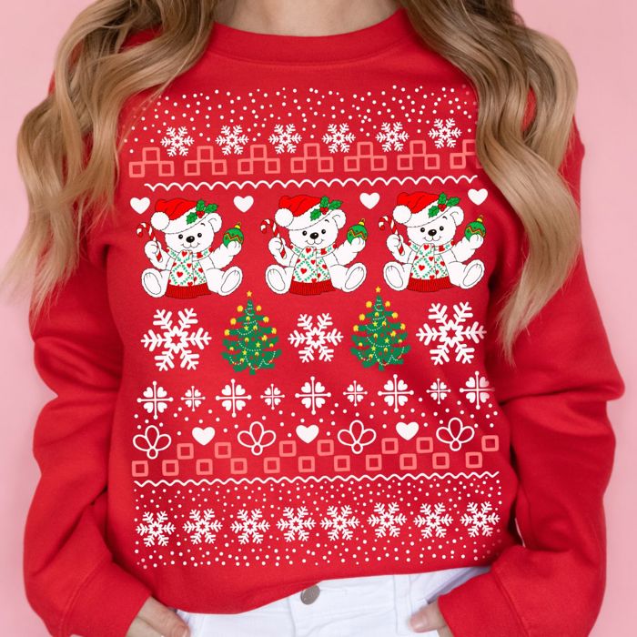 1980s Style Vintage Christmas Teddy Bears With Snowflakes Ugly Sweater Design - Comfy Drop Shoulder Sweatshirt