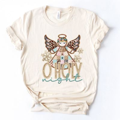 Faux (Printed, not real embroidery)  - O Holy Night Christmas Quilted Angel With Animal Print - Soft Bella Canvas T-Shirt