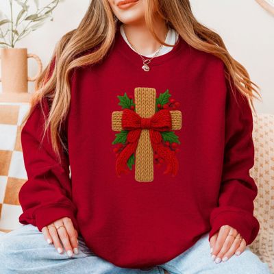 Festive Crochet Christmas Christian Cross - Sweatshirt (Crewneck)  Poly-Cotton Colors (Unisex)  Gildan