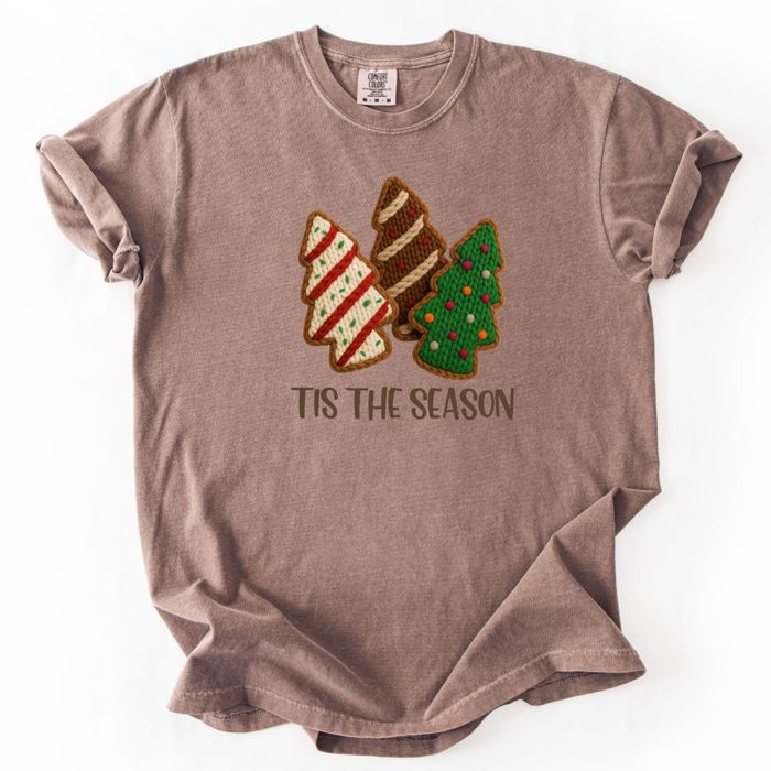 Tis The Season Frosted Christmas Cakes Faux (Printed, not real fabric or knitted)  Knitted - T-Shirt (Crewneck)  100 Cotton Heavyweight Tee (Unisex)  Comfort Colors