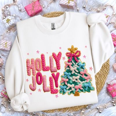 Holly Jolly Christmas Tree With Faux (Printed, not real fabric or glitter)  Gold Sparkle - Comfy Drop Shoulder Sweatshirt