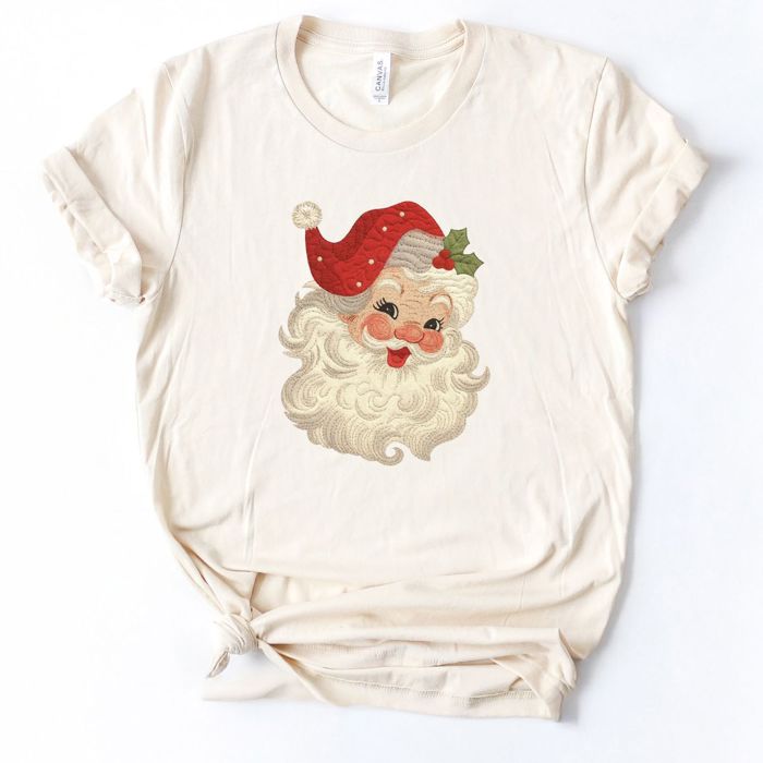 Faux (Printed, not real quilted fabric) Quilted Retro Jolly Santa Claus Christmas - Soft and Comfy Bella Canvas T-Shirt
