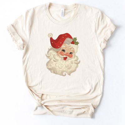 Faux (Printed, not real quilted fabric) Quilted Retro Jolly Santa Claus Christmas - Soft and Comfy Bella Canvas T-Shirt