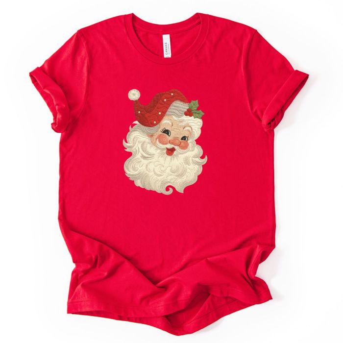 Faux (Printed, not real quilted fabric) Quilted Retro Jolly Santa Claus Christmas - Soft and Comfy Bella Canvas T-Shirt
