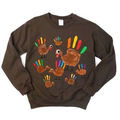 Faux (Printed, not real fabric)     Hand Painted Kids Craft Turkeys - Sweatshirt (Crewneck)  Poly-Cotton Colors (Unisex)  Gildan