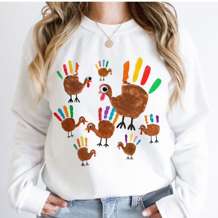 Faux (Printed, not real fabric)     Hand Painted Kids Craft Turkeys - Sweatshirt (Crewneck)  Poly-Cotton Colors (Unisex)  Gildan